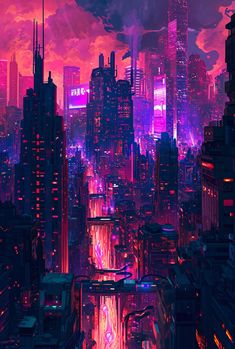 a city with lots of tall buildings and neon lights in the sky at night time