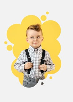 a young boy with suspenders and glasses standing in front of a yellow flower background