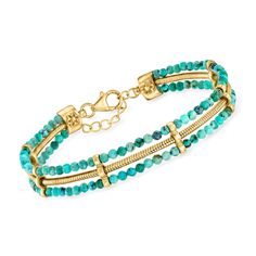 Ross-Simons - Turquoise and Snake-Chain Bracelet in 18kt Gold Over Sterling. 7". Offering a regal look, our three-strand bracelet features a gleaming 18kt yellow gold over sterling silver snake chain nestled between two rows of 3mm round faceted turquoise beads. Includes a 1" extender. Lobster clasp, turquoise bead snake-chain bracelet. Bead Snake, Three Strand Bracelet, Turquoise Stone Bracelet, Jewelry Presentation, Snake Chain Bracelets, Silver Snake Chain, Fine Jewelry Bracelets, Strand Bracelet, Turquoise Beads