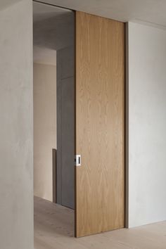 an empty room with a wooden door in the center and light wood flooring on the other side