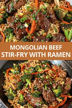 beef stir fry with broccoli, carrots and noodles