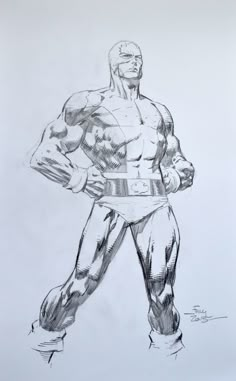 a pencil drawing of a man in a body suit with his hands on his hips