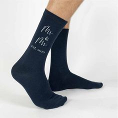 Mr. & Mr. and year custom printed on navy cotton dress socks Groom Socks, Anniversary Dress, Wedding Roles, Wedding Socks, Cotton Anniversary Gifts, Personalized Socks, Cotton Anniversary, Mens Dress Socks, 2nd Anniversary