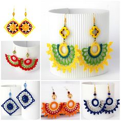 several pictures of earrings made from crochet and beaded materials, each with different colors