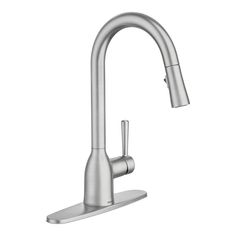 a stainless steel kitchen faucet with pull out sprayer