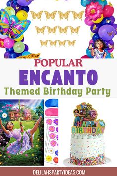 the birthday party is decorated with balloons, streamers and decorations for an encanto theme