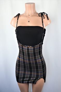 Anthony Suspender Skirt - High waisted plaid mini suspender dress slit. Revealing Outfit Casual, Outfit Styling, Suspender Skirt, Suspender Dress, Dope Outfits, Clothing Styles, Cheap Dresses, Black Plaid, Fashion Drawing