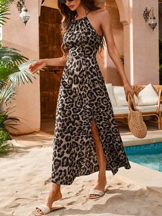 Brown Casual,Boho Collar Sleeveless Fabric Leopard Print,All Over Print,Textured Pattern Cami Embellished Non-Stretch  Women Clothing Moda Shein, Split Dress, Spring Outfits Women, Fashion Designs, Vacation Style, Women Long Dresses, Boho Casual, Long Dresses, Kids Sleepwear