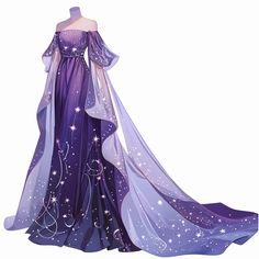 Purple Fantasy Dress Aesthetic, Night Gown Drawing, Character Clothing Ideas, Regal Dresses, Princess Dress Design, Wedding Outfits Ideas, Purple Fairy Dress, Country Fall Outfits, Oc Dress