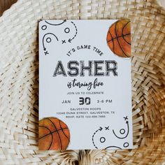 a basketball themed birthday party is featured on a wicker basket with white and black lettering