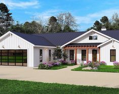 this is a computer rendering of the front elevation of these modern farmhouse houseplans