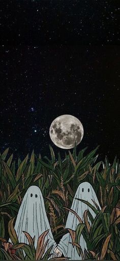 two white ghost figures sitting in the grass under a full moon with trees and plants