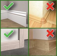 four pictures showing different angles of the corner of a room with wood flooring and white trim