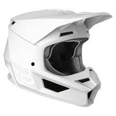 a white helmet is shown on a white background with the words fox written in black