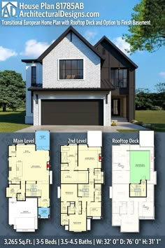 three story house plan with two car garages and an open floor plan for the second level