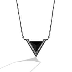 Dark Armor women's pendant, designed with all black onyx pyramid center and white diamonds. Inspired by Darth Vader™, the enforcer of the Galactic Empire. Allow yourself to be seduced by the dark side, with the sleek black onyx & white diamond framed fashion pendant. Designed to evoke Lord Vader's powerful armor. Black Diamond Pendant, Classic Star Wars, Fashion Pendant, Galactic Empire, The Dark Side, Black Rhodium, Opal Necklace, White Diamonds, Diamond Stone