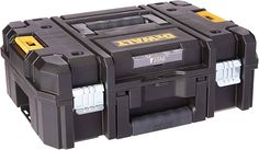 a black tool box with yellow handles and two large storage bins on the top