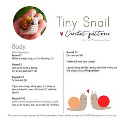 an advertisement for tiny snail crochet pattern