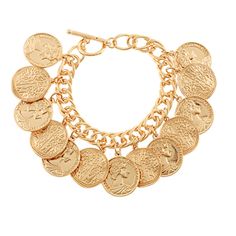 Multi Wavy Coin Charm Bracelet Metal Composition Toggle Clasp Closure Coin Charm Bracelet, Vintage Photoshoot, Greek Coins, Coin Bracelet, Bracelet Metal, Gold Charm Bracelet, Gold Bracelets, Coin Jewelry, Gold Coin