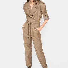 Never Worn With Tag "Frankie Shop" Padded Shoulder Trench Jumpsuit Color : Khaki Brown Size : Xs Comfort Snacks, Cargo Jumpsuit, Khaki Trench, Utility Jumpsuit, Weekend Outfits, Ribbed Knit Bodysuit, Style Jumpsuit, Shop Pants, Comfy Jeans