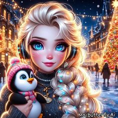 a girl holding a penguin in front of a christmas tree with lights on the trees