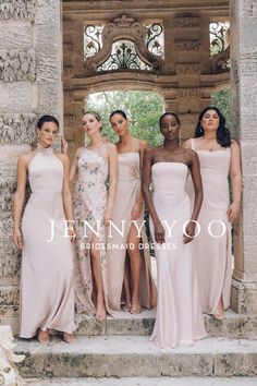 four women in pink dresses standing on steps with their arms around each other and the words jenny