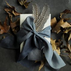 a gift wrapped in gray ribbon with leaves around it