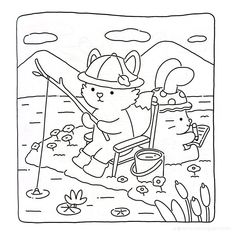 a black and white drawing of a bear fishing