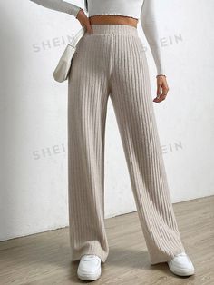 Free Returns ✓ Free Shipping✓. SHEIN EZwear Elastic Waist Wide Leg Pants- Women Pants at SHEIN. Straight Leg Trousers, Plus Size Casual, Long Pants, Wide Leg Trousers, Straight Leg Pants, Leg Pants, Wide Leg Pants, Casual Pants, Ribbed Knit