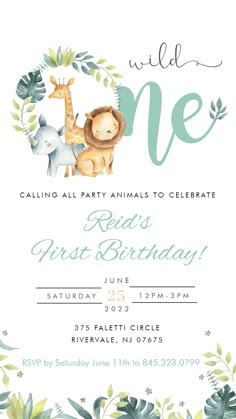 an animal themed birthday party card with the words wild one