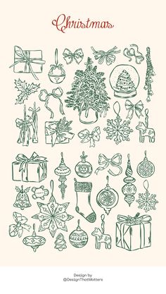 christmas greeting card with hand drawn ornaments and presents on the front, in green ink