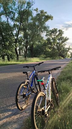 two bikes parked on the side of a road next to some grass and trees in the background