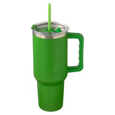 a green travel mug with a straw in the cup and lid is shown on a white background