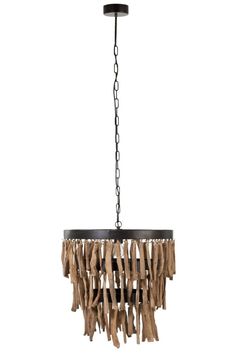 a chandelier made out of driftwood with chains hanging from the front and side