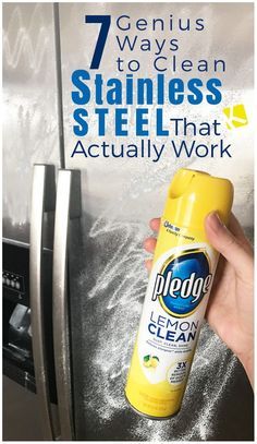 a hand holding a yellow spray bottle in front of a refrigerator with the words 7 genius ways to clean stainless steel that actually work