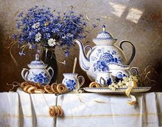 a painting of blue and white vases with flowers in them on a table cloth