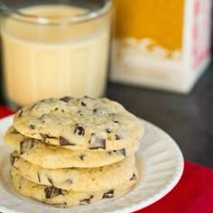 chocolate chip cookies on a plate next to a glass of milk