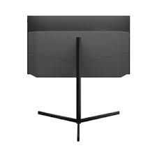 the back side of a black table with two legs and a flat screen on it