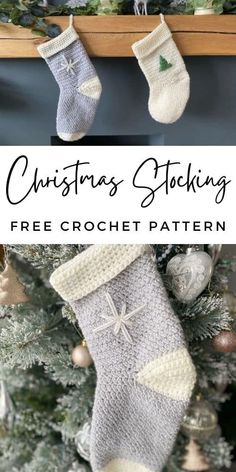 christmas stockings hanging from a tree with text overlay that reads, christmas stockings free crochet pattern