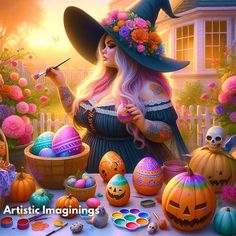 a painting of a woman in a witches hat surrounded by pumpkins and other halloween decorations