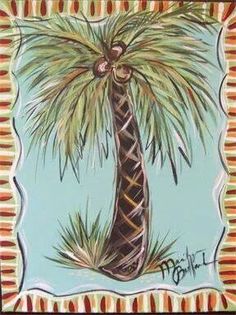 a painting of a palm tree on a blue background