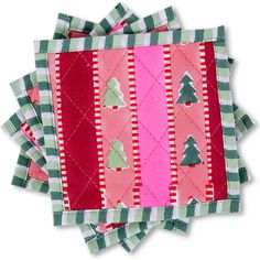 The holidays get extra festive with our exclusive blockprint quilted coasters. We love the charming color combo and the chic striped trim. Makes an excellent gift! This print is available in rectangle tablecloths, round tablecloths, napkins, placemats, runners, and dish towels. Go all in with one print or or create an insta-worthy vibe with coordinating Furbish prints designed to mix and match. | Furbish Studio | Snowwood Stripe Coasters, Set of 4 (Pink) | Maisonette collects the best children’s Colorful Winter Placemats, Furbish Studio, Quilted Coasters, Girl Trends, Rectangle Tablecloth, Buy Buy Baby, Holiday Home Decor, Fashion Sale, Round Tablecloth