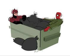 a person laying in a box with a spiderman mask on and another dead body