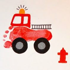 a child's drawing of a red fire truck