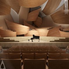 an empty concert hall with a piano in the foreground and wooden seats on either side