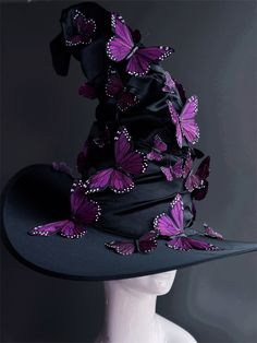 a black hat with purple butterflies on it