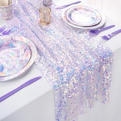 PRICES MAY VARY. 5mm Round Sequins Material With Mesh Fabric Backing Purple Table Runner Size: 1 piece of 25 Inches width 120 Inches length(10FT long) sequin table runner. It is fits for 6-10 seats table,sparkle table runners that can meet your themed dining table decoration needs. Glitter Table Runner:The iridescent table runner is made of 5MM round sequins material with mesh fabric backing. Reliable and soft, not easy to fade, the sturdy construction makes the table runner of good durability, Disney Princess Table Decorations, Bubbles Table Decor, Purple 21st Birthday Decoration, Mermaid Party Table Decor, Frozen Table Centerpieces, Sparkle Party Theme, Princess Party Table Decor, Sparkle Birthday Party Theme, Frozen Table Decorations