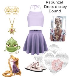 rappuzzil dress disney bound outfit with shoes, necklaces and other accessories