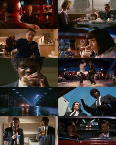 many different scenes from the tv show suits and ties, with one man eating food