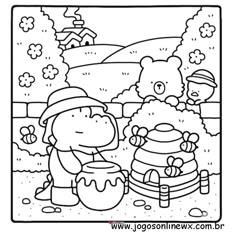 a coloring page for children with an image of two bears and a honey pot in the background